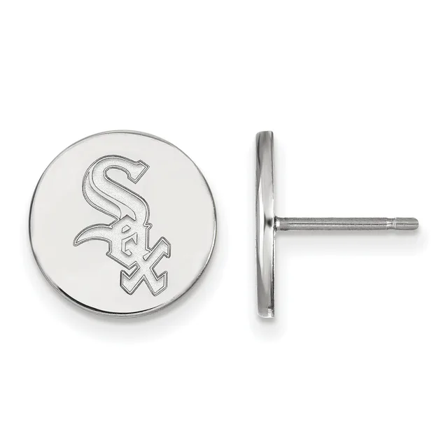 Pair of circular stud earrings with a small stamped hallmark, shown from front and side view on a post and backing.
