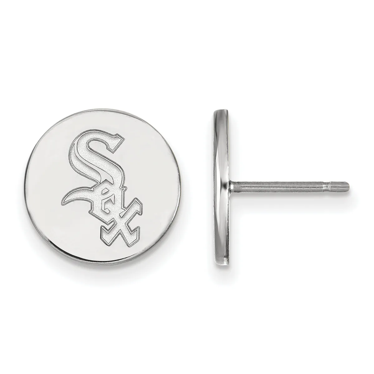 Pair of circular stud earrings with a small stamped hallmark, shown from front and side view on a post and backing.