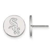 Pair of circular stud earrings with a small stamped hallmark, shown from front and side view on a post and backing.