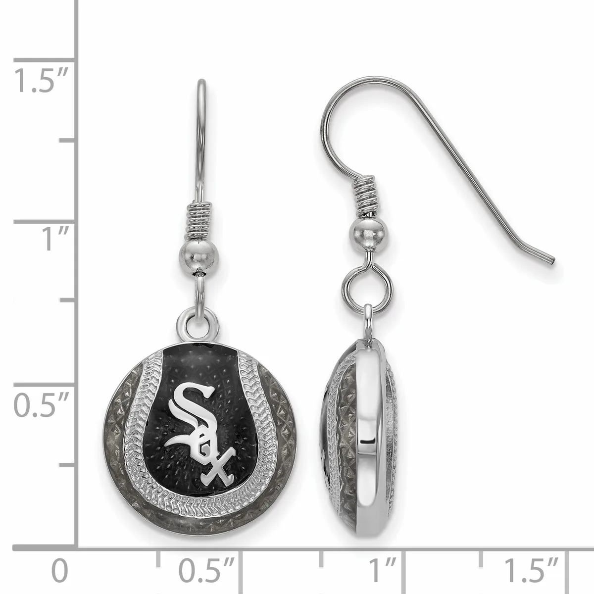 A pair of baseball-shaped dangle earrings with black enamel centers, silver-toned textured borders, and surgical steel ear wires, shown front and side view against a measurement scale.