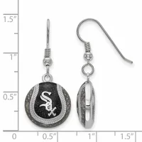 A pair of baseball-shaped dangle earrings with black enamel centers, silver-toned textured borders, and surgical steel ear wires, shown front and side view against a measurement scale.