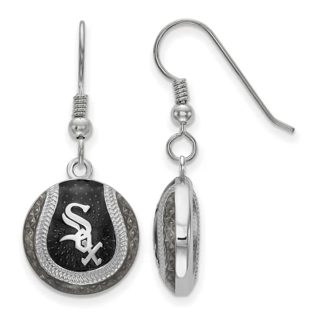 Pair of round baseball-themed dangle earrings with black enamel and silver-tone metal, shown from front and side views.