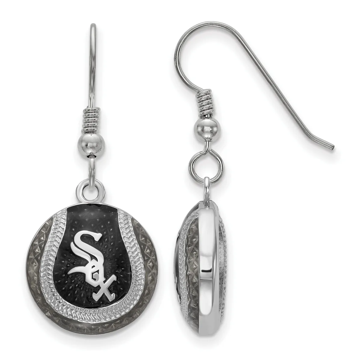 Pair of round baseball-themed dangle earrings with black enamel and silver-tone metal, shown from front and side views.