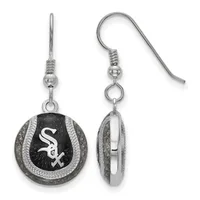 Pair of round baseball-themed dangle earrings with black enamel and silver-tone metal, shown from front and side views.