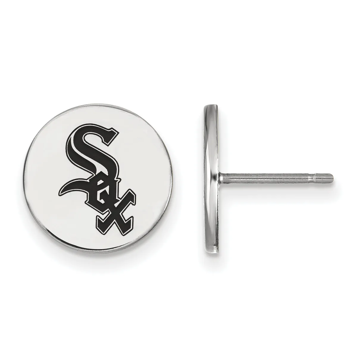 A pair of silver stud earrings with circular faces displaying a black stylized "S" logo with crossed design elements.