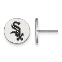 A pair of silver stud earrings with circular faces displaying a black stylized "S" logo with crossed design elements.