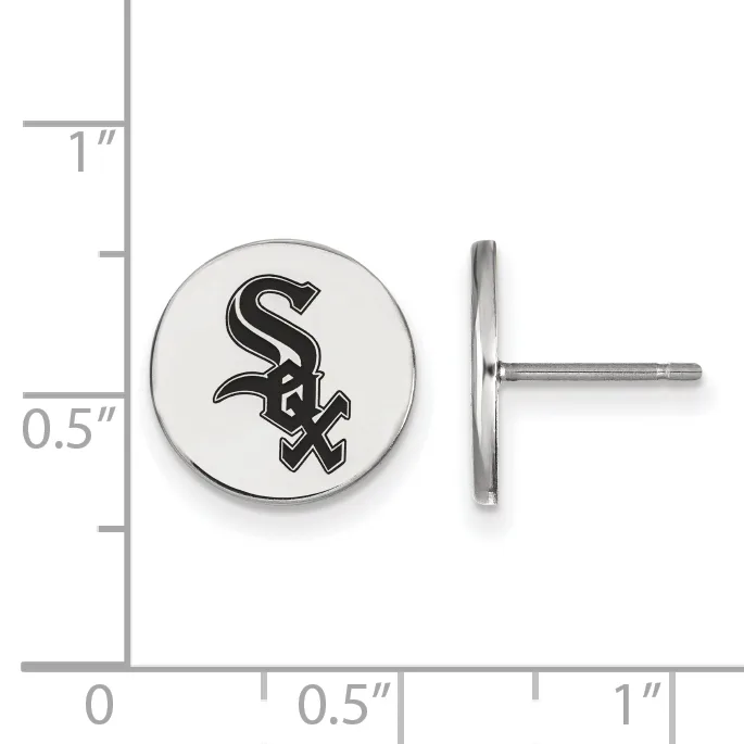 Pair of round silver stud earrings with a black team logo, shown front and back view next to a measurement scale.