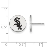 Pair of round silver stud earrings with a black team logo, shown front and back view next to a measurement scale.