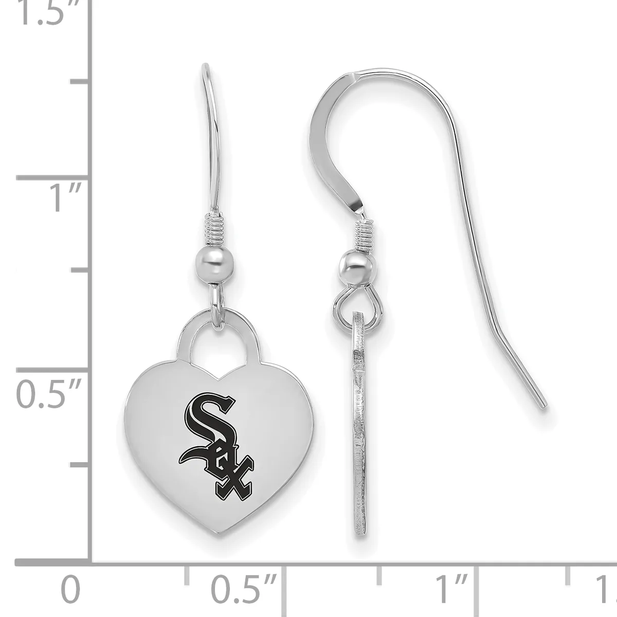 A pair of silver heart-shaped earrings with a black baseball team logo, shown next to a measurement ruler indicating approximately one inch in length.
