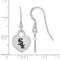 A pair of silver heart-shaped earrings with a black baseball team logo, shown next to a measurement ruler indicating approximately one inch in length.