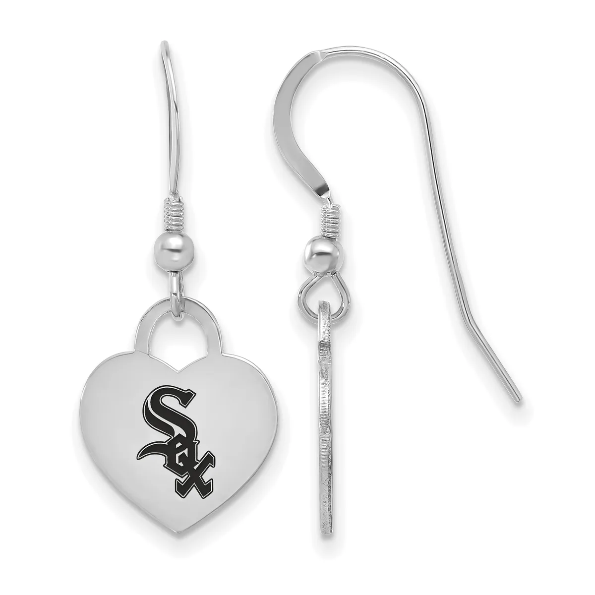 A pair of silver-toned heart-shaped dangle earrings with a team logo in black, shown from front and side views with French wire hooks.