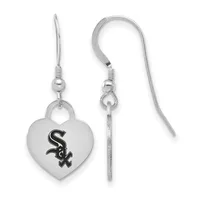A pair of silver-toned heart-shaped dangle earrings with a team logo in black, shown from front and side views with French wire hooks.