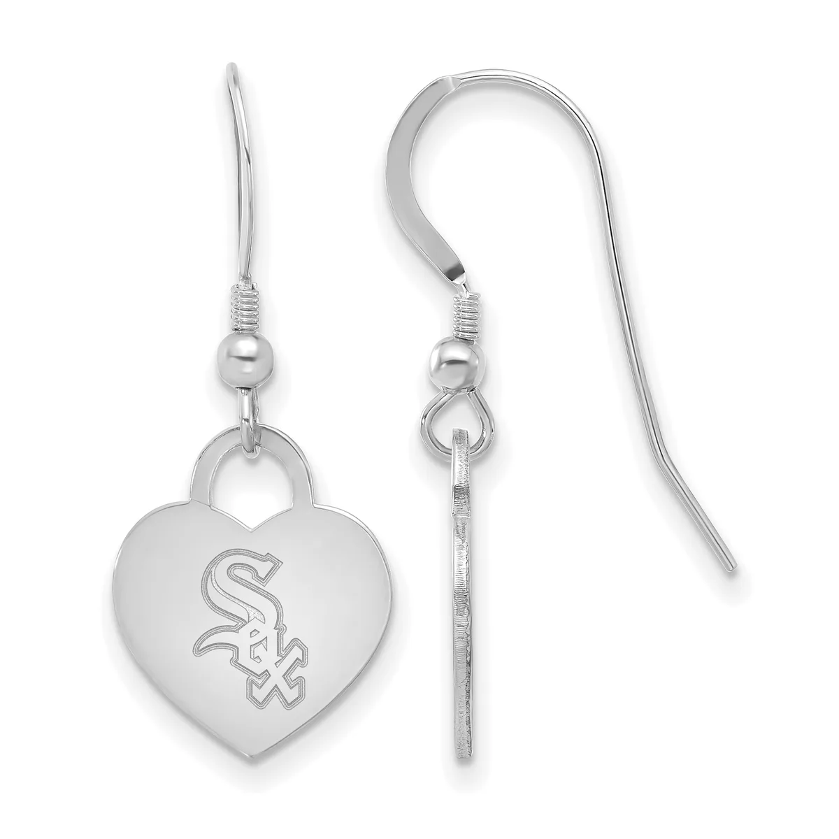 Pair of silver heart-shaped earrings with a team logo, shown front and back views, hanging from curved ear wires with ball and bead details.