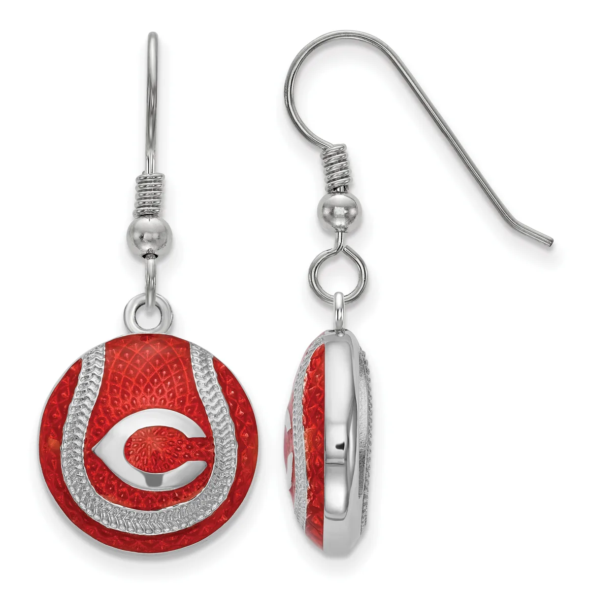 A pair of silver earrings with red and white enamel circular pendants featuring a stylized "C" logo, shown from front and side views.