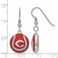 Pair of red and silver circular earrings with a C-shaped logo, shown front and back view with measurement scale indicating approximately one inch diameter.