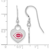 Pair of silver-toned heart-shaped earrings with red enamel baseball team logo, shown next to a ruler indicating approximately one inch in length.