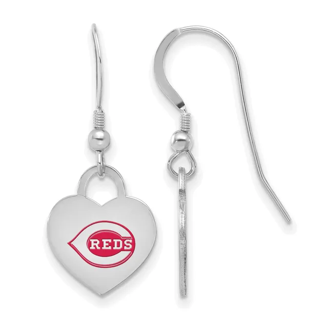 A pair of silver-toned heart-shaped dangle earrings with a red logo design, shown from front and side views with the ear wires visible.