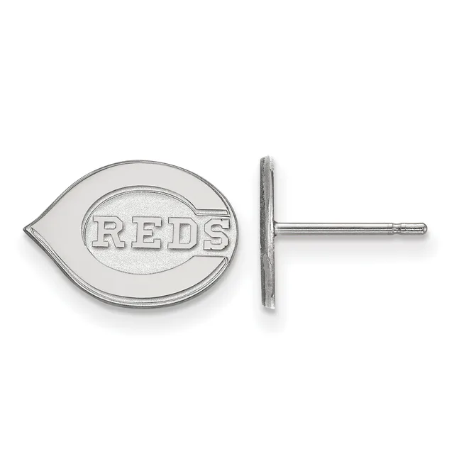 Silver stud earring with oval baseball glove-shaped front plate and thin post, shown front and side view.