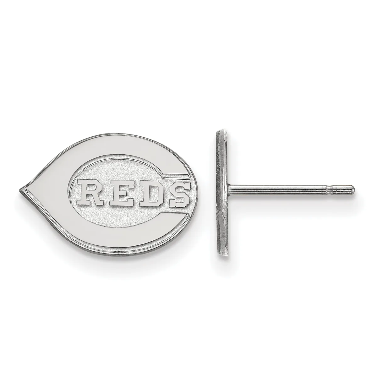 Silver stud earring with oval baseball glove-shaped front plate and thin post, shown front and side view.