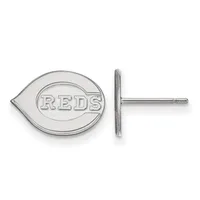 Silver stud earring with oval baseball glove-shaped front plate and thin post, shown front and side view.