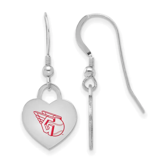 A pair of silver-toned heart-shaped earrings with a red baseball and glove design, shown from front and back views with fish hook wire closures.