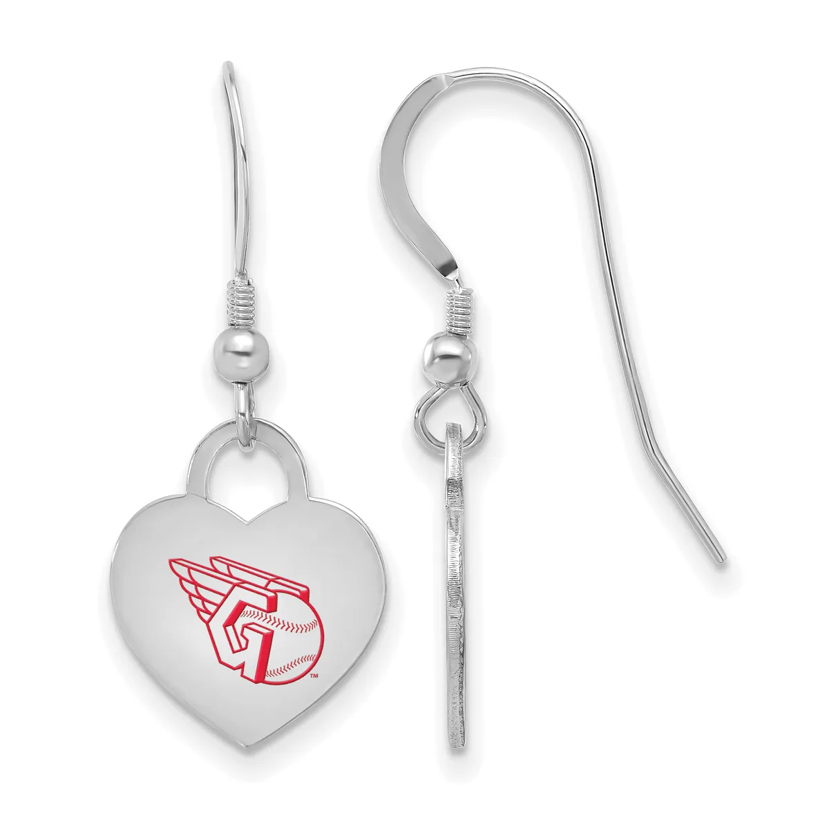 A pair of silver-toned heart-shaped earrings with a red baseball and glove design, shown from front and back views with fish hook wire closures.