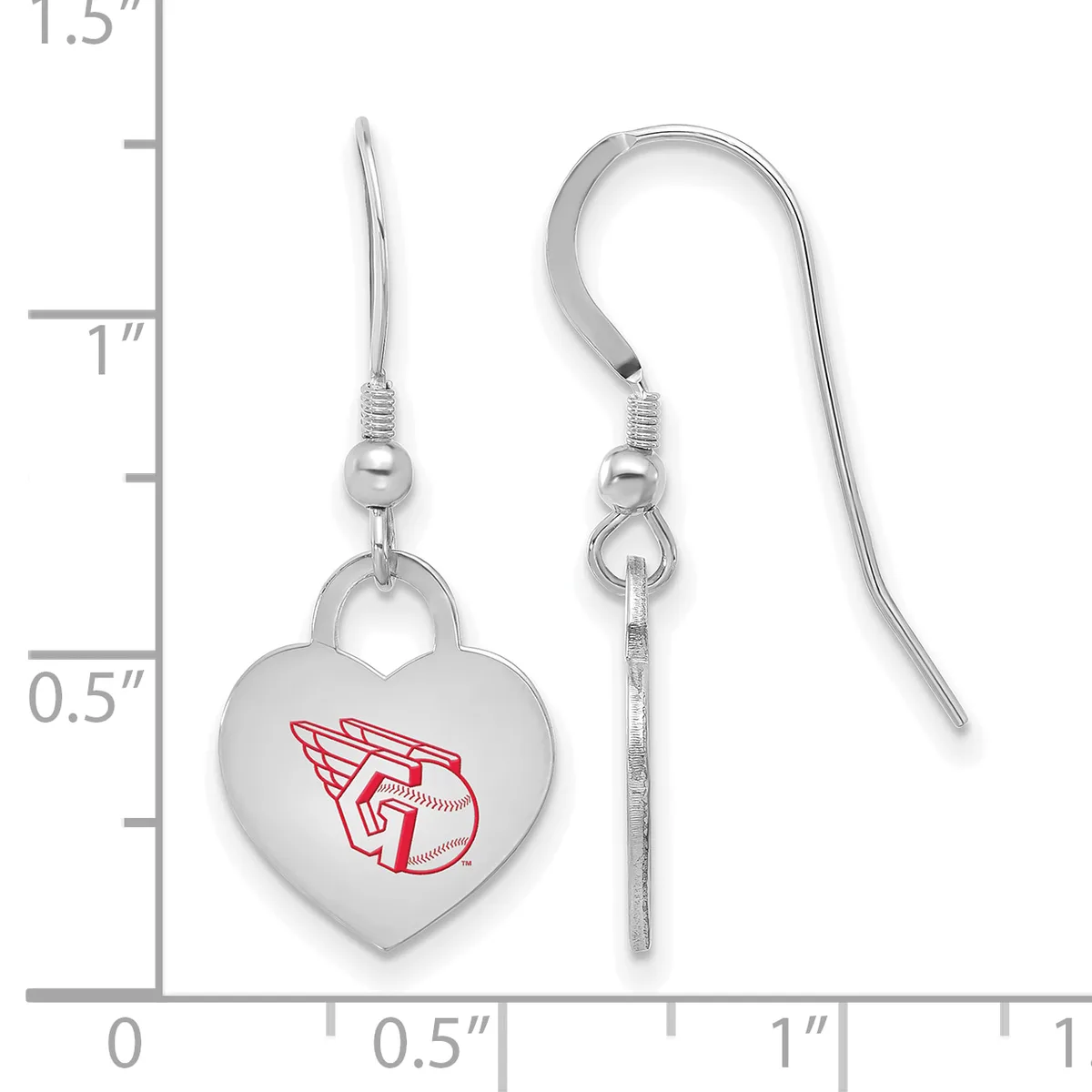 Pair of silver-toned heart-shaped dangle earrings with a red winged logo, shown next to a ruler measuring approximately one inch in height.