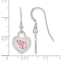 Pair of silver-toned heart-shaped dangle earrings with a red winged logo, shown next to a ruler measuring approximately one inch in height.