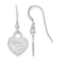 Pair of silver-toned heart-shaped dangle earrings with engraved winged design, shown from front and back views with French wire hooks.