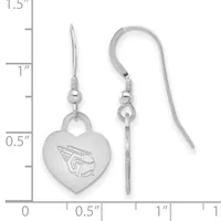 Pair of silver heart-shaped earrings with engraved winged logo, hanging from silver ear wires with ball and loop connectors, displayed against a measurement scale.