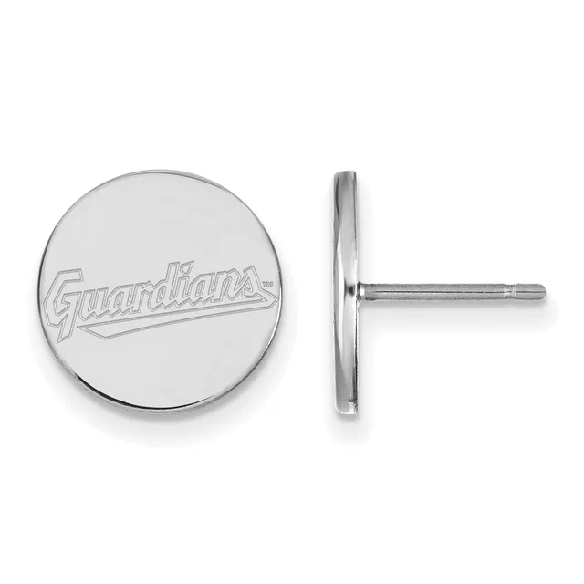 Two round silver stud earrings with engraved text on the front face, shown from front and side views.