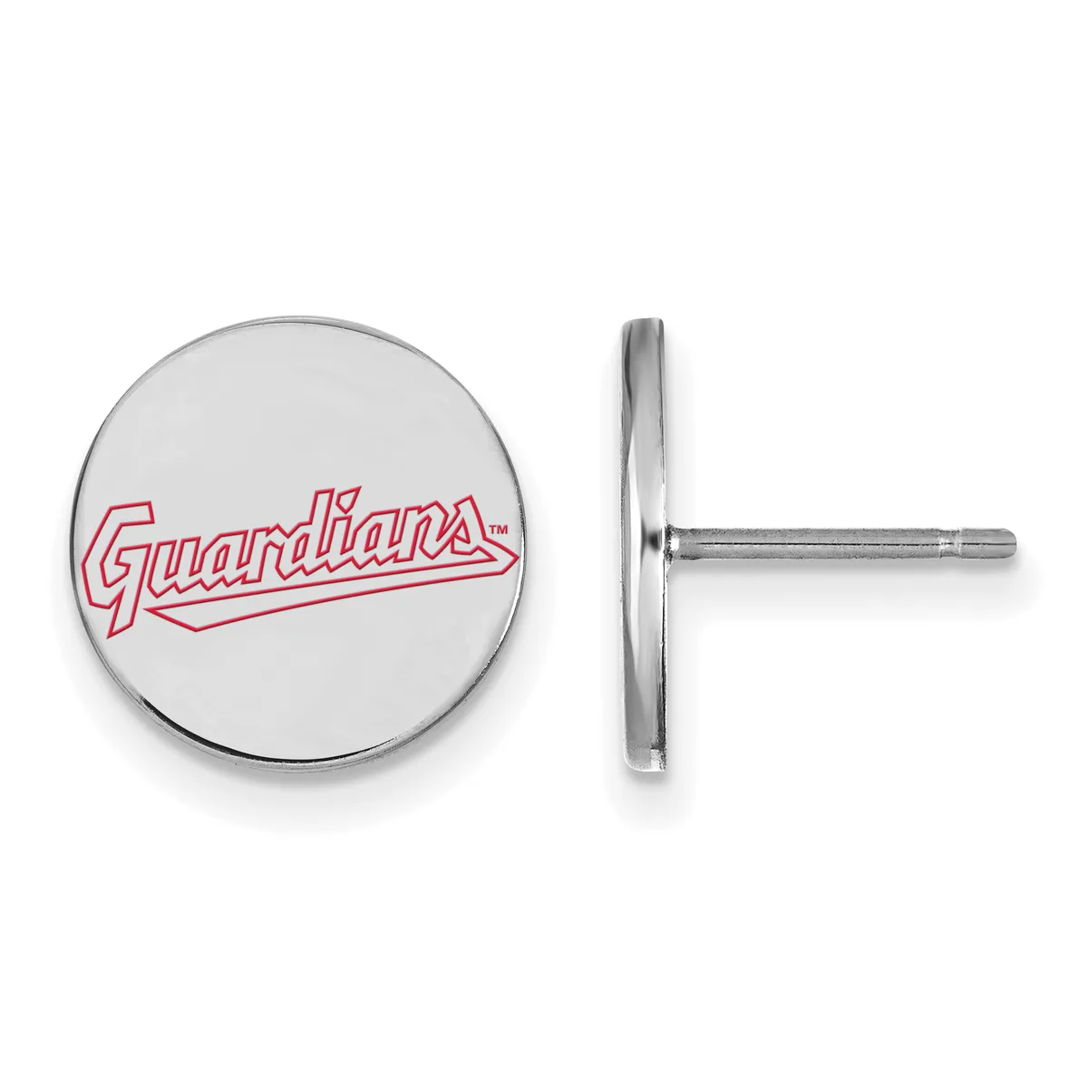 Pair of circular silver-toned stud earrings with red text logo, shown from front and side view.