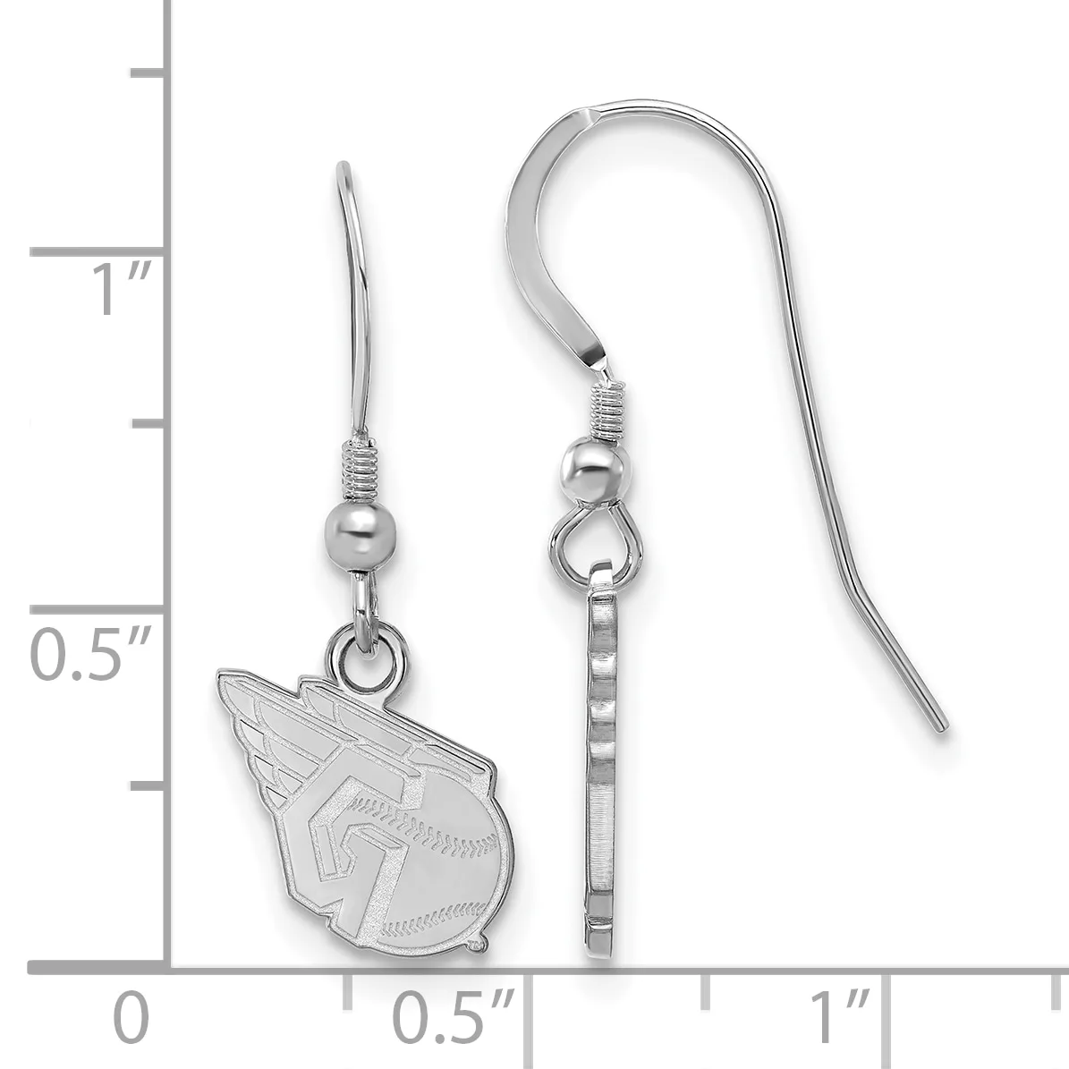 Pair of silver-toned fish-shaped earrings with hook wires, displayed next to a ruler showing approximately one inch in length.