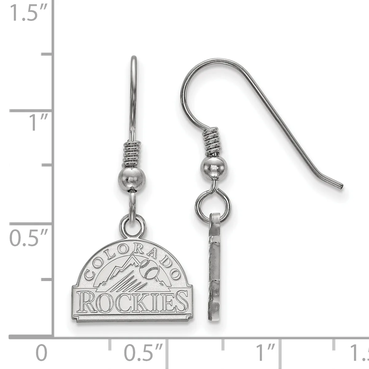 A pair of silver-toned dangle earrings with small beads and coiled wire details, featuring a semicircular charm with mountain imagery, displayed next to a ruler showing approximately 1.25 inches in length.