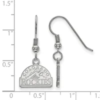 A pair of silver-toned dangle earrings with small beads and coiled wire details, featuring a semicircular charm with mountain imagery, displayed next to a ruler showing approximately 1.25 inches in length.