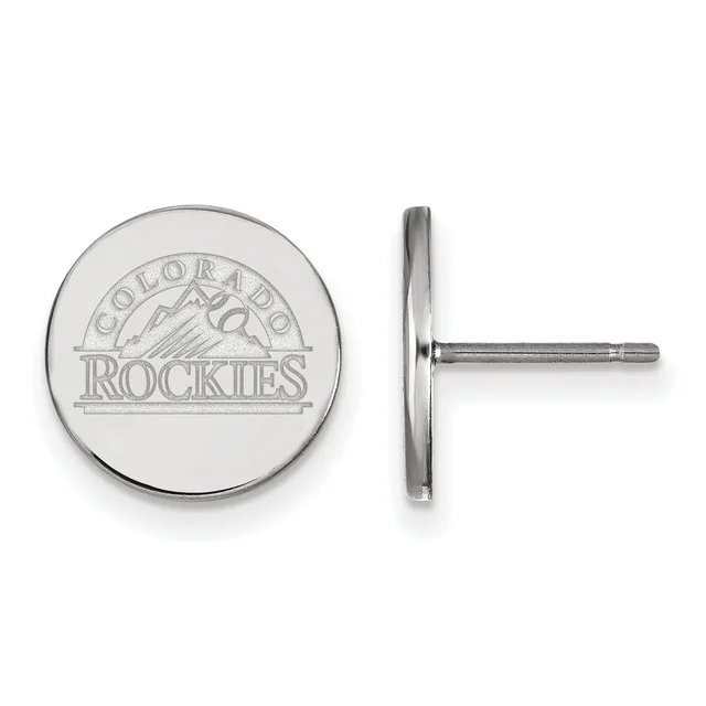 Silver-toned circular stud earrings with engraved mountain logo design, shown from front and side views.