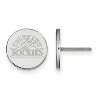 Silver-toned circular stud earrings with engraved mountain logo design, shown from front and side views.