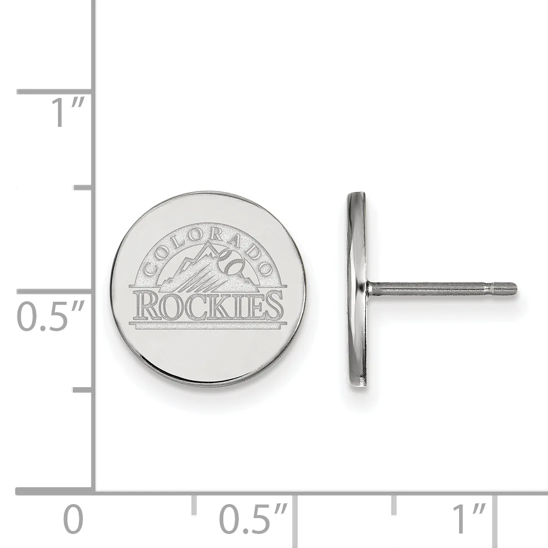Silver circular stud earrings with engraved mountain logo design, shown front and side view against a measurement scale.