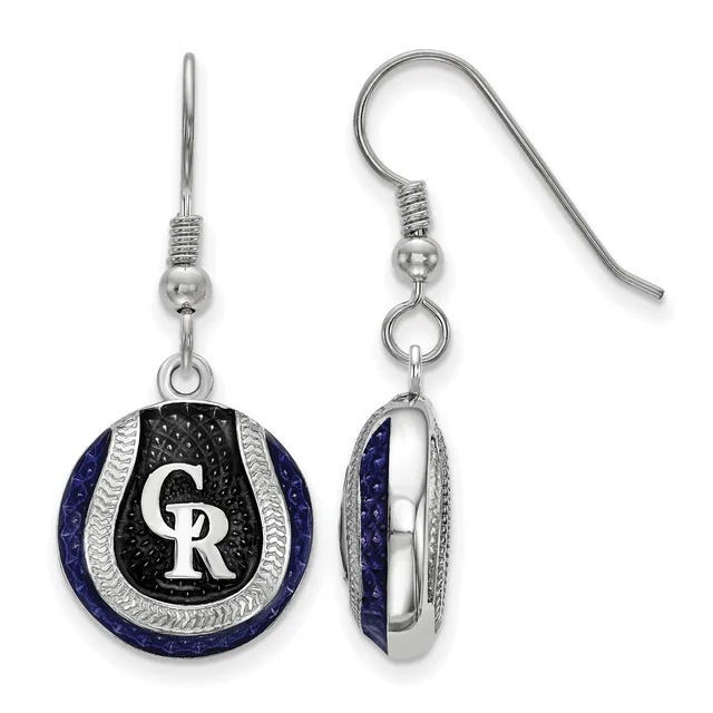 Pair of silver dangle earrings featuring circular pendants with navy blue and black enamel sections separated by silver bands, shown from front and side views.