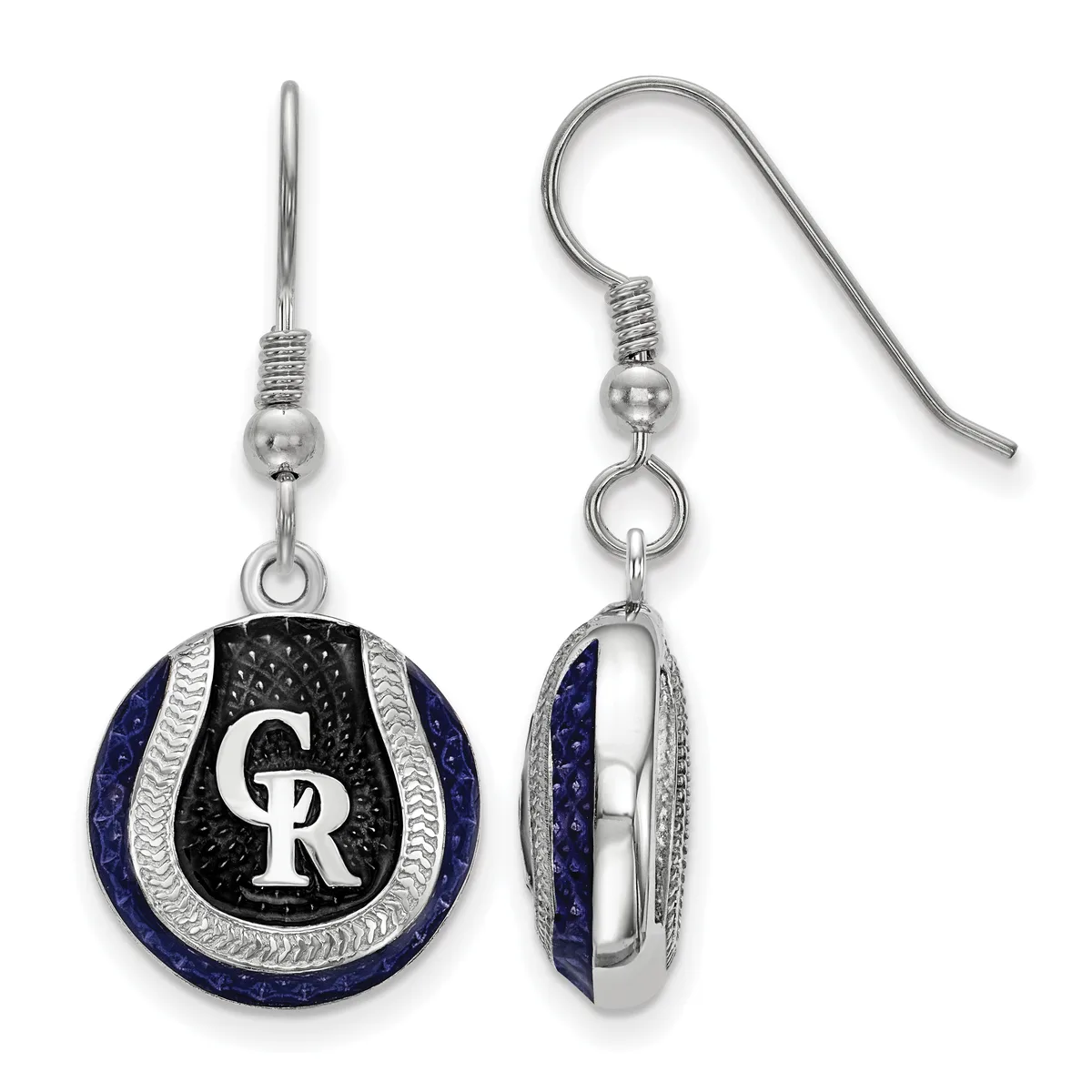 Pair of silver dangle earrings featuring circular pendants with navy blue and black enamel sections separated by silver bands, shown from front and side views.