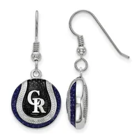 Pair of silver dangle earrings featuring circular pendants with navy blue and black enamel sections separated by silver bands, shown from front and side views.