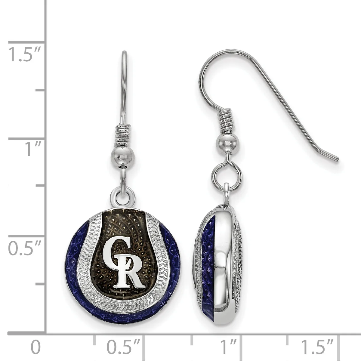 Pair of dangling earrings featuring round pendants with dark blue stone, silver-tone metal bands, and black enamel center with a small stamped hallmark, shown front and side view against a measurement scale.