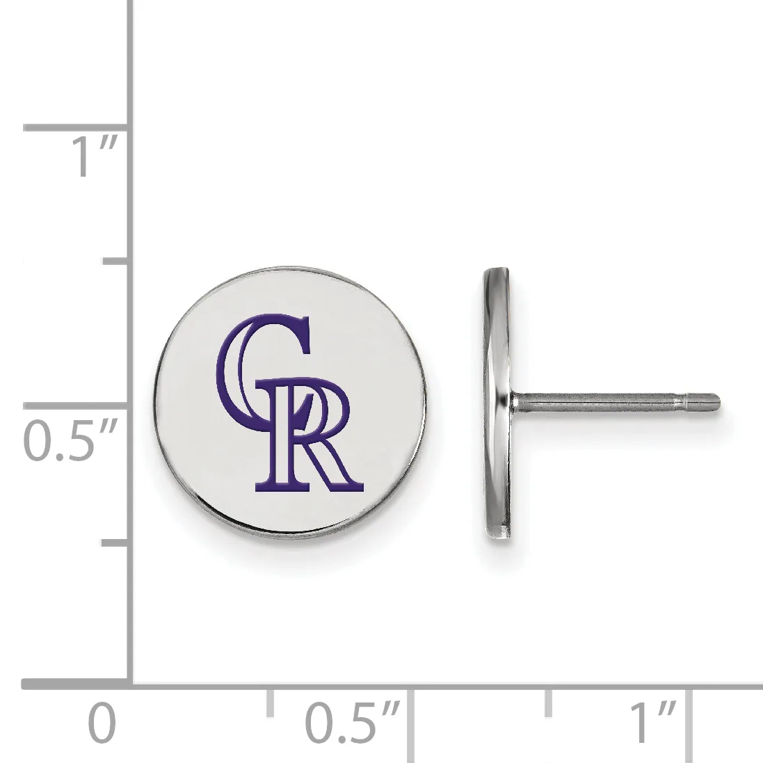 A circular silver stud earring with a purple logo, shown next to a ruler measuring approximately 0.5 inches in diameter.