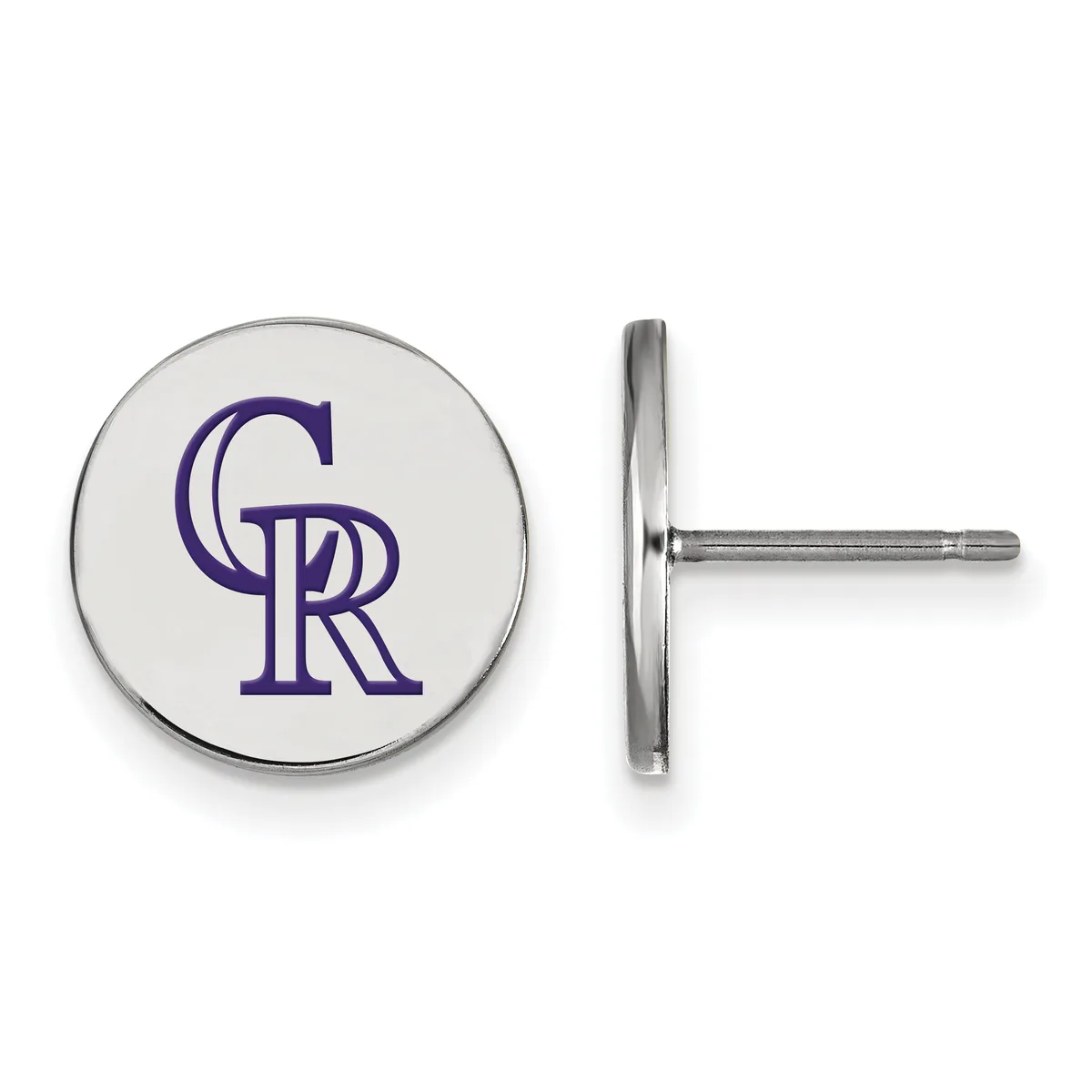 A pair of round stud earrings with purple logo on white enamel face and stainless steel posts, shown front and side view.