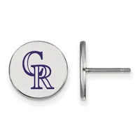 A pair of round stud earrings with purple logo on white enamel face and stainless steel posts, shown front and side view.
