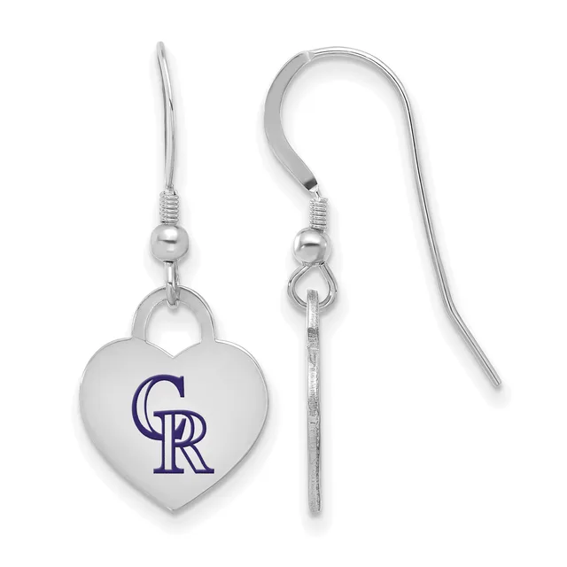 Silver heart-shaped dangle earrings with a purple logo, displayed front and back view showing the hook closures.