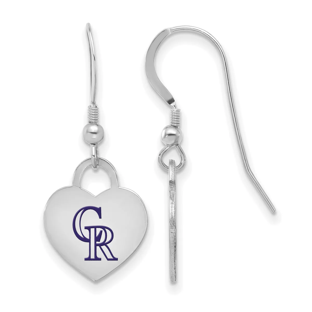 Silver heart-shaped dangle earrings with a purple logo, displayed front and back view showing the hook closures.