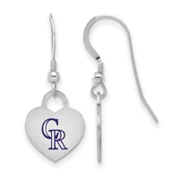 Silver heart-shaped dangle earrings with a purple logo, displayed front and back view showing the hook closures.