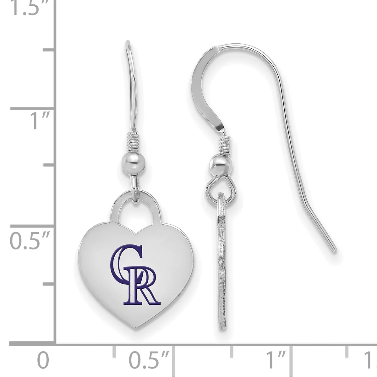 A pair of silver heart-shaped earrings with a purple logo, shown next to a ruler indicating approximately one inch in length.