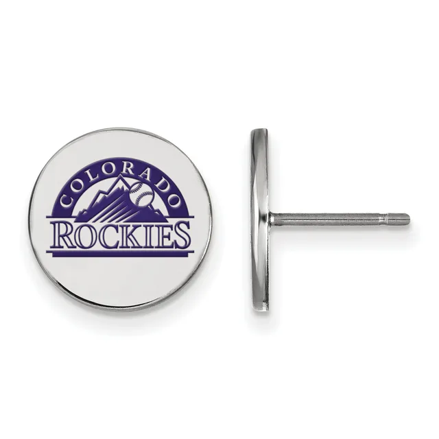 Pair of circular stud earrings with a white face featuring a purple mountain and baseball logo design, shown from front and side views with metal posts and backs.